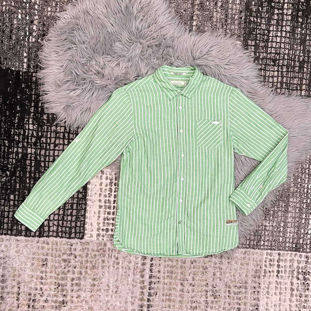 SCOTCH & SODA Boys "Trouble Maker" Green Striped Long Sleeve Button Up Size 12